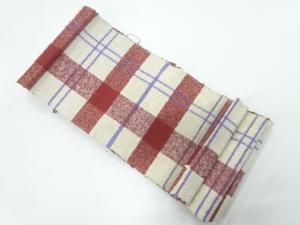 アンティーク　木綿裂織格子模様半幅帯